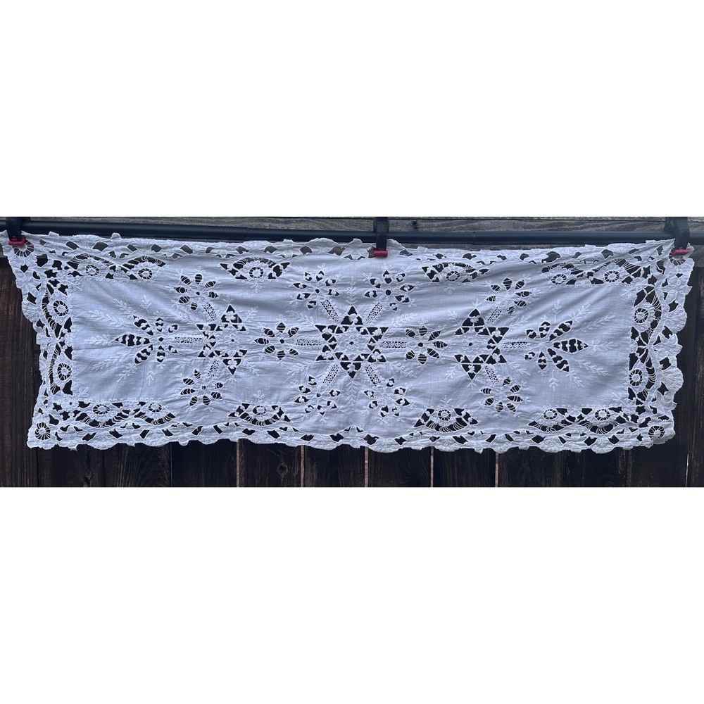 Vintage Hand Embroidered Cutwork Table Runner White Linen Floral 49 x 16 - Picture 7 of 13